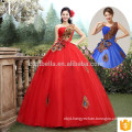 Red Lace Appliqued Strapless Floor Length Tulle Puffy Ball Gown Wedding Dress